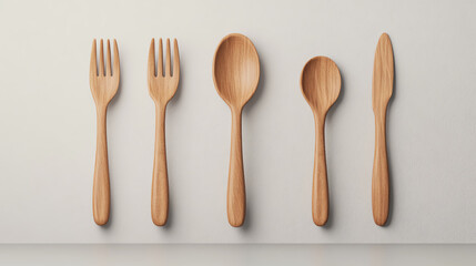 Set of five wooden cutlery pieces including fork, spoon, and knife arranged on a neutral background, ideal for culinary themes and eco-friendly concepts.