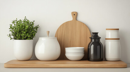 Stylish kitchen shelf featuring ceramic dishes, wooden cutting board, glass containers, and greenery, perfect for modern home decor.