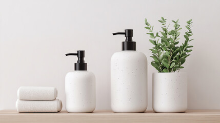 Obraz premium Stylish white bottles with black pumps alongside a small plant, neatly arranged on a wooden surface, ideal for modern home decor.