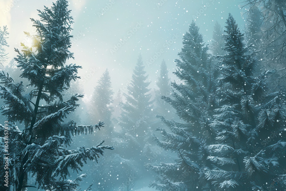 Poster Tall pine trees stand majestically in a snow-covered forest, enveloped in a serene winter atmosphere with falling snowflakes. Generative AI