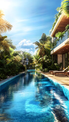 Fototapeta premium Modern Villa with Private Pool and Lush Tropical Garden, 3D Architectural Rendering of Luxury Resort