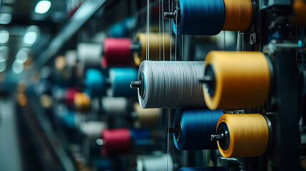 Spools of yarn on a spinning machine in a textile factory