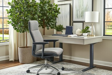 Fototapeta premium Modern home office with a comfortable desk chair, a standing desk, and a window view.