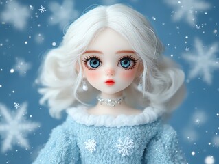 A beautiful doll with icy blue eyes and white hair, adorned in a cozy winter outfit against a snowy backdrop.