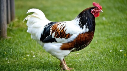 Fototapeta premium Beautiful Swedish Flower Hen with a unique pattern of colorful feathers, adding an eye-catching element to any flock. Known for its hardiness and friendly nature.