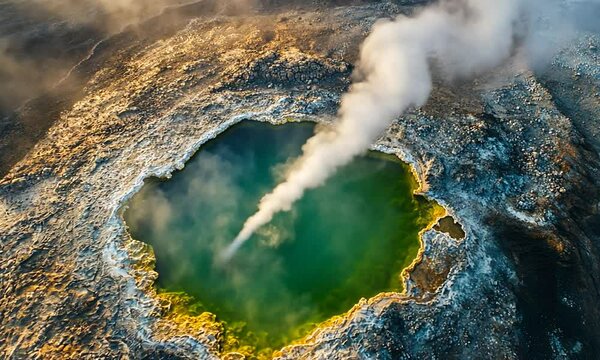 Aerial view of a geothermal pool with steam rising, showcasing vibrant colors and textures.