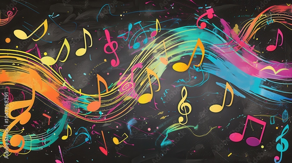Aufkleber Colorful brushstrokes blend with musical notes on a chalkboard, showcasing an artistic interpretation of sound and creativity. Generative AI