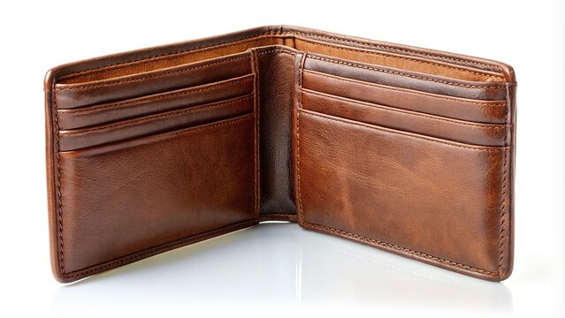Symmetrical open brown leather wallet on white surface