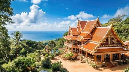 Obraz premium Ornate Traditional Thai Temple with Scenic Background