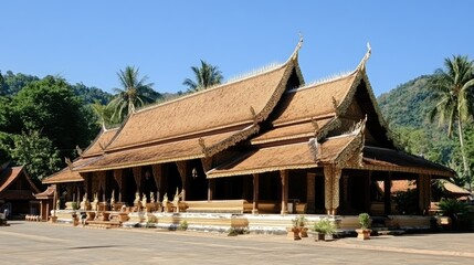 Traditional Thai Temple with Ornate Roof Design