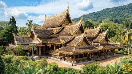 Fototapeta premium Ornate Traditional Thai Temple with Detailed Roof Design