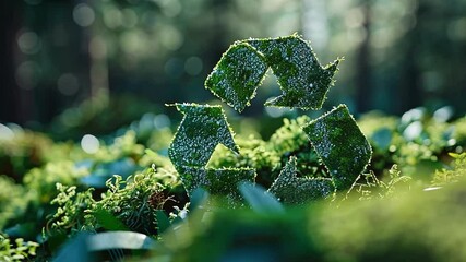 A vibrant recycling symbol made of moss and greenery stands prominently amid a rich carpet of forest foliage. Sunlight filters through the trees, enhancing the eco-friendly message.