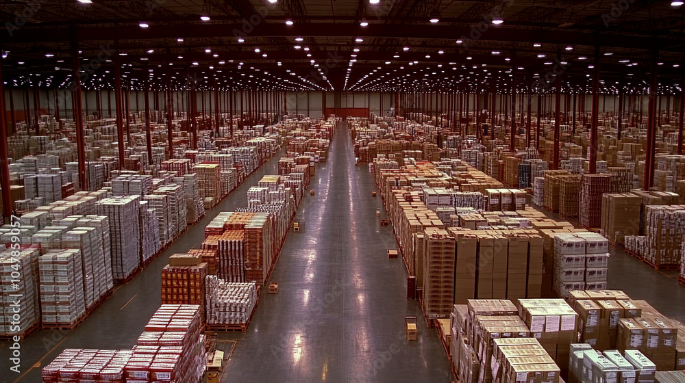 Poster stacks of boxes are arranged neatly in a large warehouse under bright lights. concept of storage and