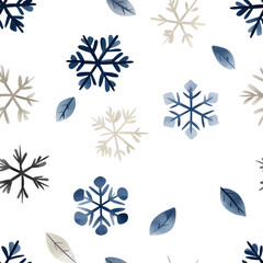 Fototapeta premium A pattern featuring various snowflakes and leaves in shades of blue and white on a white background, evoking a winter theme.