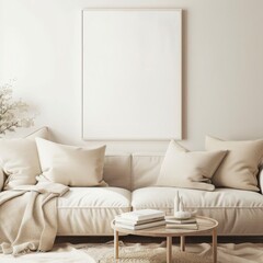 「ベージュのソファの上の壁にキャンバスを飾ったミニマルなリビングルームインテリア。アート作品やデザインの展示に最適」