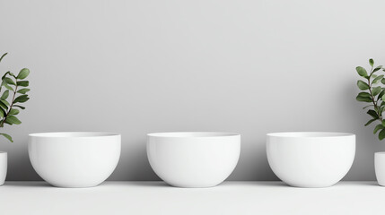 Minimalist display with three white bowls and greenery on a neutral background, perfect for modern decor inspiration and vibrant plant showcasing.
