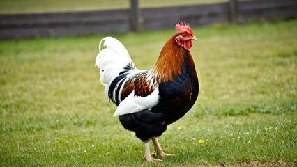 Fototapeta premium Charming Swedish Flower Hen, a rare breed known for its vibrant feather colors and gentle temperament. Perfect for backyard flocks and poultry enthusiasts.