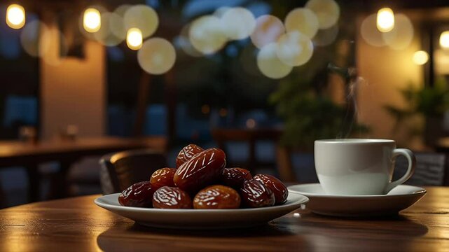 A cup of coffee, tea and dates on the wooden table. Seamless 4K looping timelapse video animation background