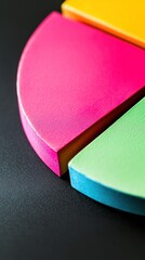 A colorful pie chart made of wood against a black background.
