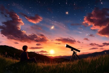 A soft watercolor painting of a child taking a look at the stars through a telescope on a quiet hillside at dusk, with gentle colors blending in the sky
