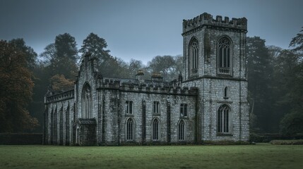 Fototapeta premium An old stone church stands in a misty field, surrounded by trees.