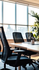 Modern office meeting room with white table and black chairs,  with a potted plant and a window view of a city in the background.
