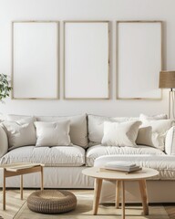 「快適なソファ、木製コーヒーテーブル、白い壁に飾られた3つの白い額縁のあるミニマルリビングルームインテリアデザイン」 「アートやデザインのプレゼンテーションに最適な完璧なモックアップ」