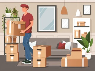 Fototapeta premium AI-Generated image of A man is carrying boxes into a room. The room is filled with boxes and furniture, including a couch and a potted plant