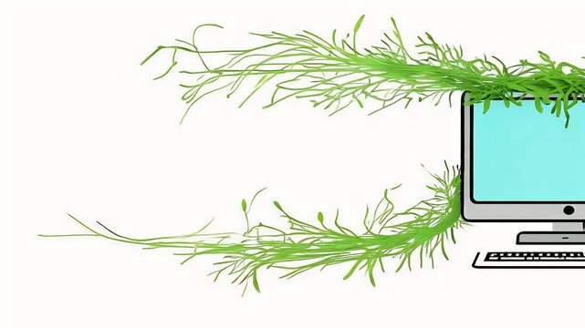 vintage computer adorned growing plants 2D lofi style illustrating harmonious integration technology nature charming motion graphic presentation bloom fantasy keyboard mouse em