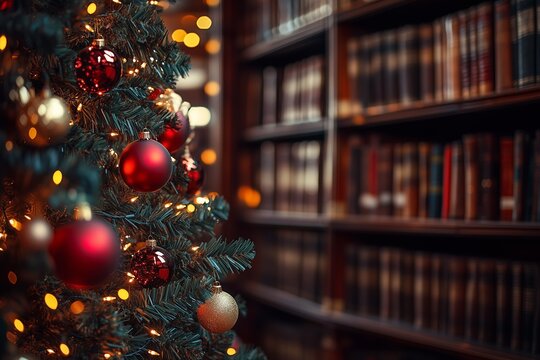 Blurred background of an old library with a Christmas tree 