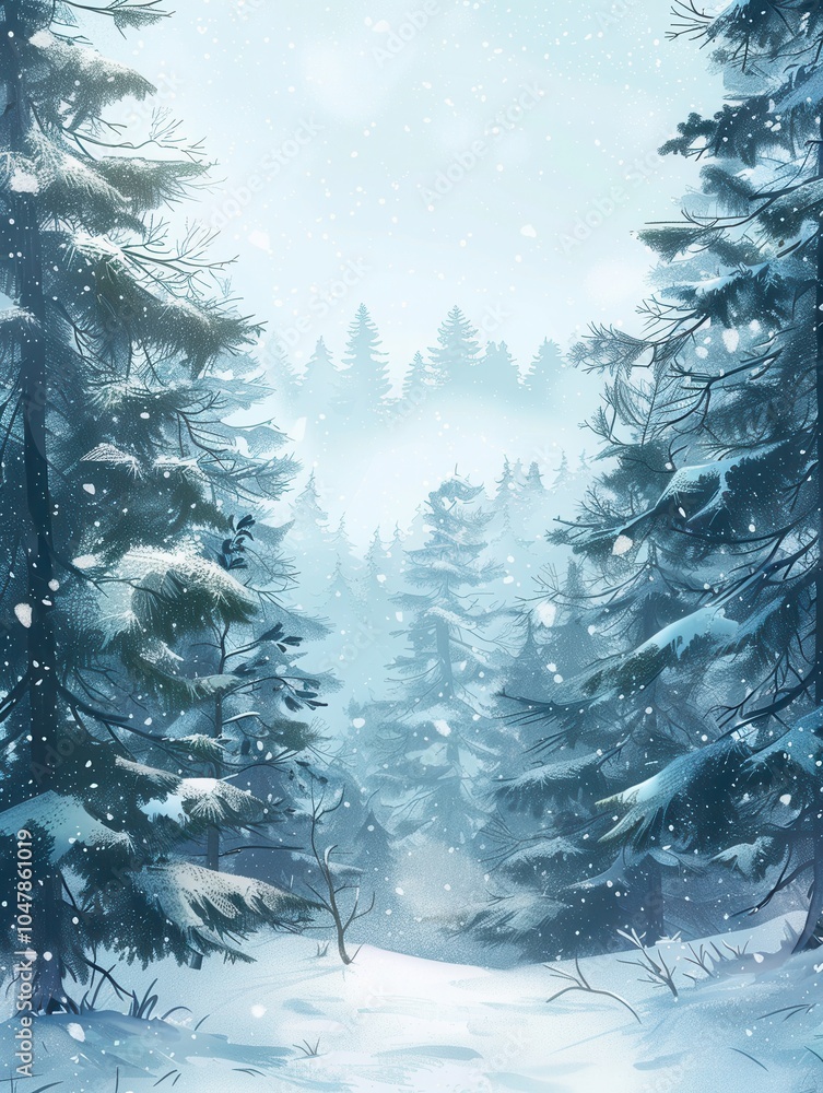 Poster the tranquil forest is blanketed in snow, with tall pine trees standing majestically as snowflakes g