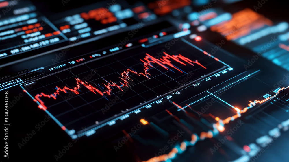 Poster red and blue graphs on a digital monitor display financial data. concept of financial analysis and m