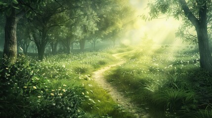 Sunlit Path Winding Through a Lush, Misty Forest