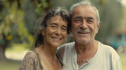 Happy couple, smiling in a sunny park, showing warmth and love in togetherness