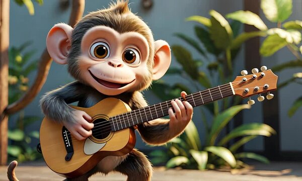 Adorable monkey playing electric guitar in a music studio with amplifiers