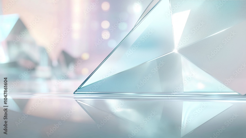 Poster abstract glass triangles are reflecting light on a surface, creating a futuristic and minimalist aes
