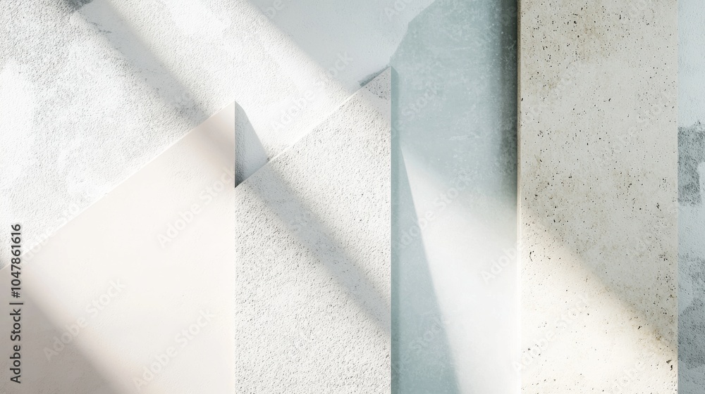 Poster sunlight is creating shadows on minimalist white abstract architectural shapes, perfect for a modern