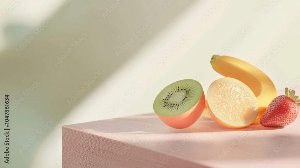 Poster sliced kiwi, banana, orange and a strawberry are lying on a pink table, creating a vibrant and color