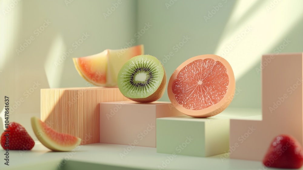 Poster kiwi, grapefruit, watermelon and strawberry slices are displayed on pastel-colored blocks in a moder