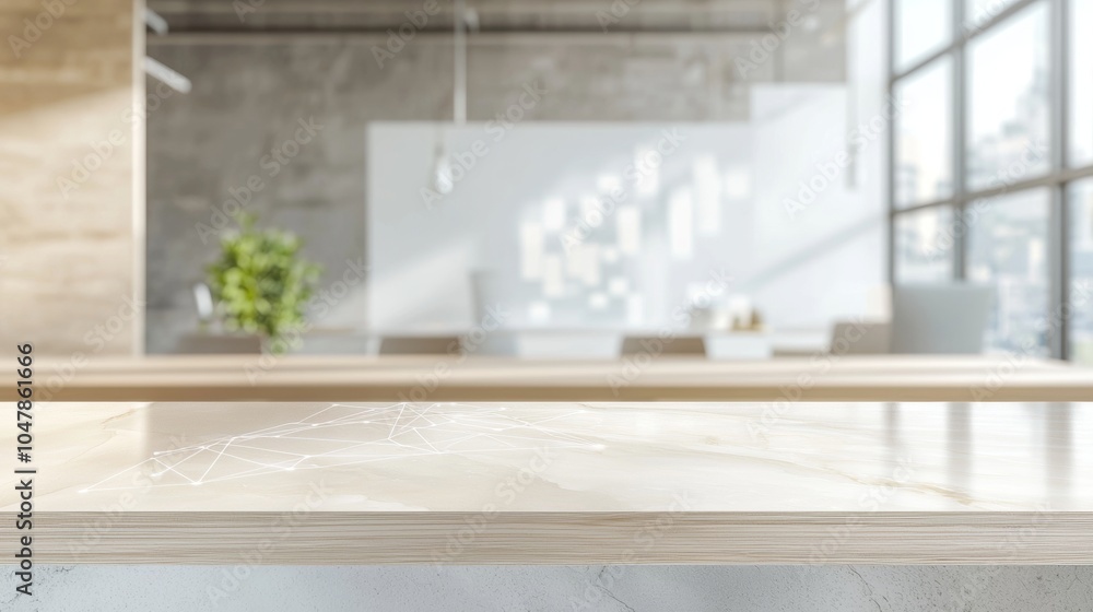 Poster empty marble tabletop with network connection hologram for product placement and a blurred modern of