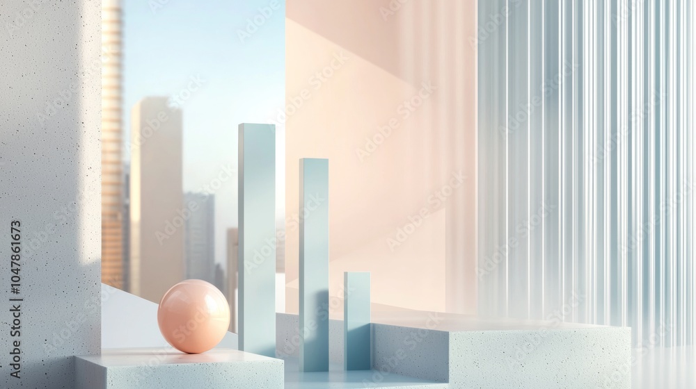 Aufkleber modern minimalist product display podium showcasing a sphere with a backdrop of a futuristic city th