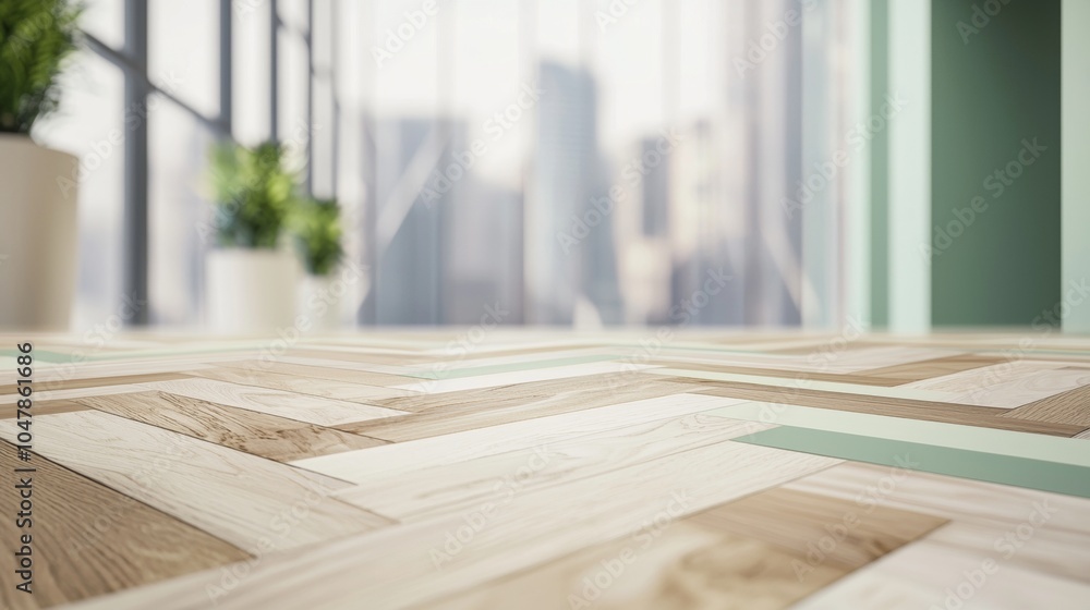 Poster light wooden table with herringbone pattern parquet in a modern office space with large windows over