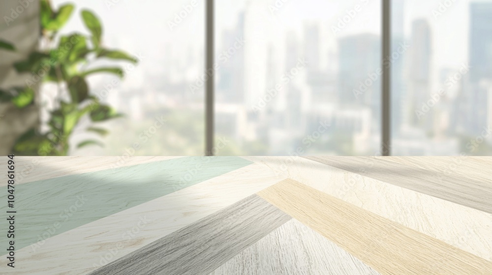 Aufkleber sunlight illuminates an empty herringbone patterned wooden tabletop in a modern office, with a blurr