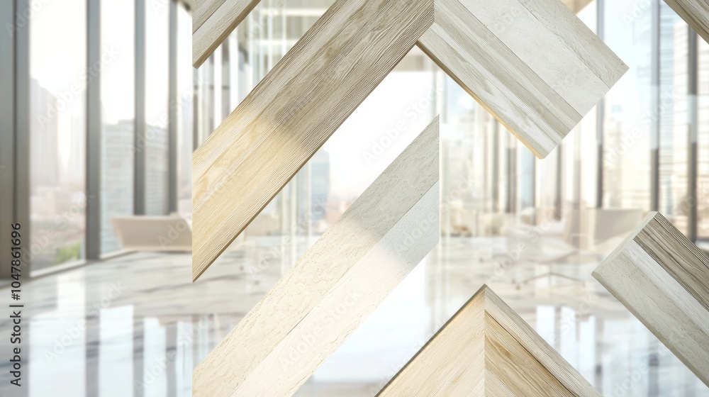 Poster light wooden planks create a dynamic pattern in a modern office, with a blurred cityscape seen throu