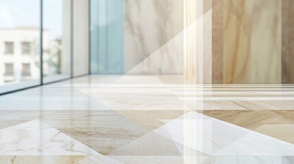 Modern empty office interior with marble and wood floor showing geometric pattern and large windows with blurred city view