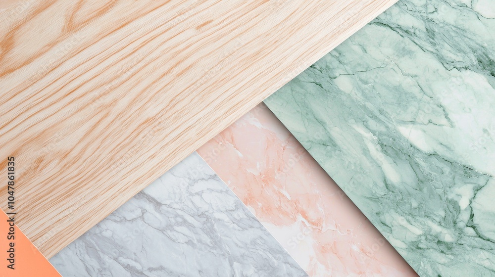 Poster different textures of wood and marble are creating a geometric composition with diagonal lines, mixi