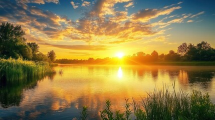 Obraz premium Golden Sunset Over a Tranquil Lake