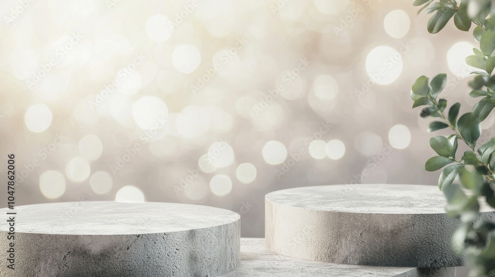 Poster two empty round stone podiums are displaying products with plants and bokeh lights, creating a natur