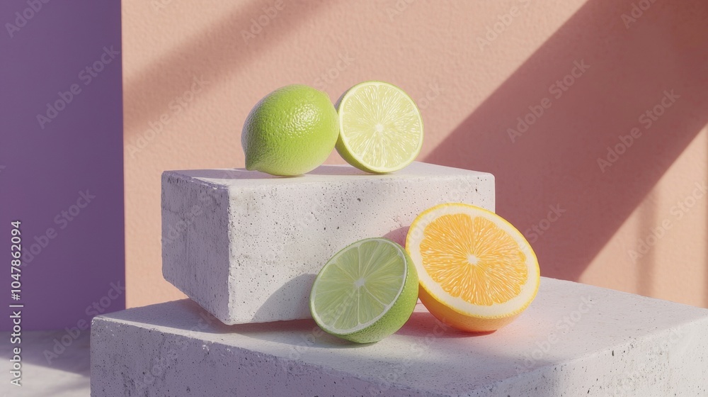 Aufkleber one whole lime and one lime half sit upon a concrete block, while another lime half and an orange ha