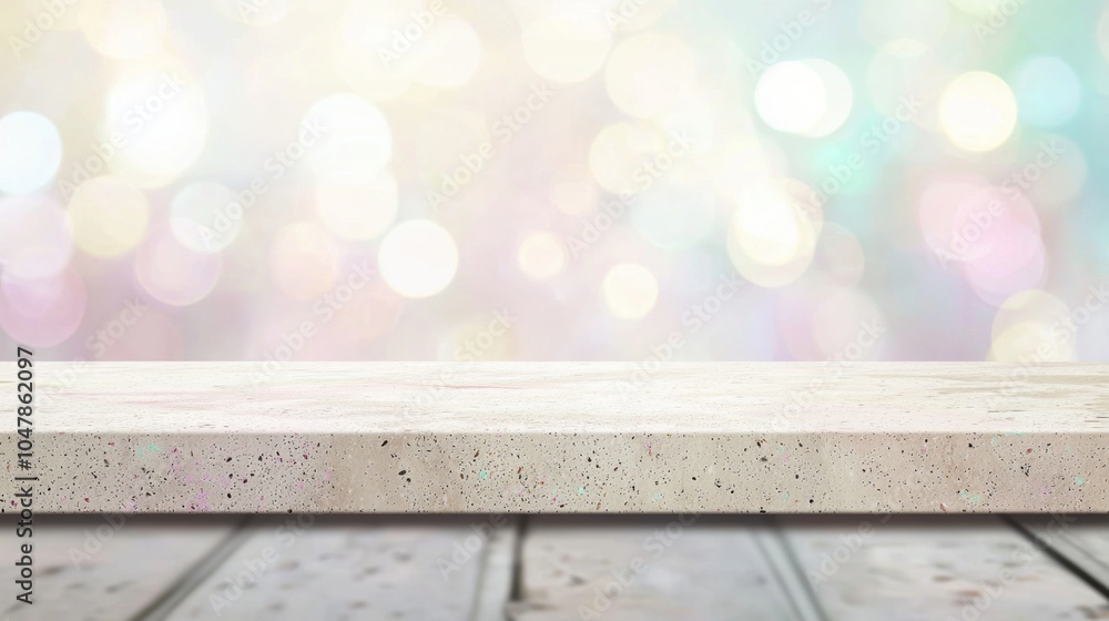 Poster empty concrete table top with pastel blurred bokeh lights background is perfect for displaying produ